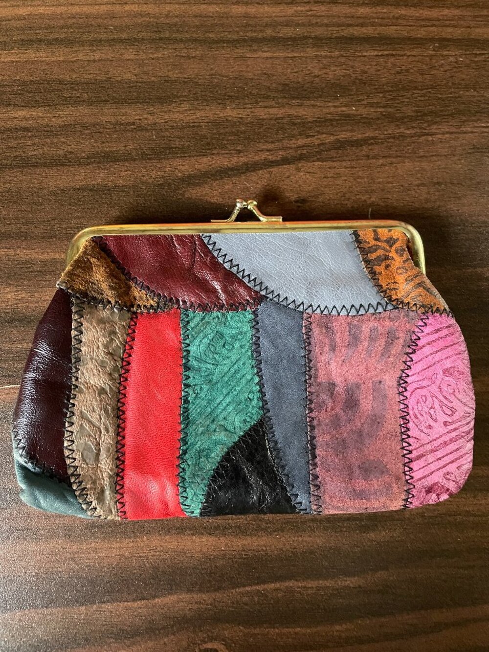 Patchwork Genuine Leather Kiss Lock Clutch — Boho Multicolor Vintage Style